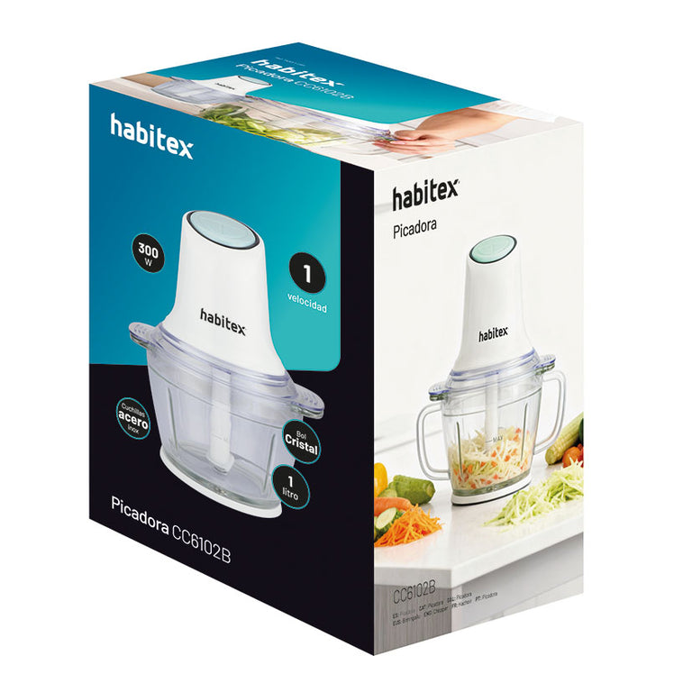 Caja de la Picadora HABITEX CC6102B destacando potencia de 300W y bol de cristal de 1 litro