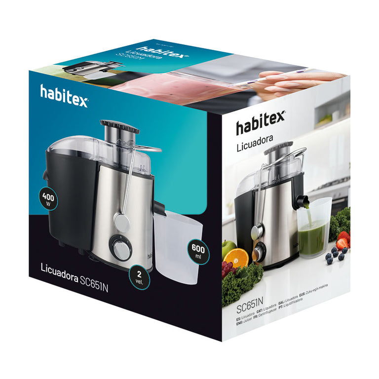 Caja de la licuadora Habitex SC651N mostrando accesorios como el vaso de 600ml y el empujador de alimentos