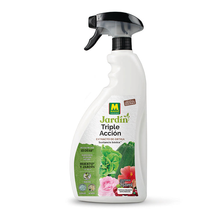 Pistola insecticida triple acción Massó 750ml de extracto de ortiga natural para huerto y jardín ecológico