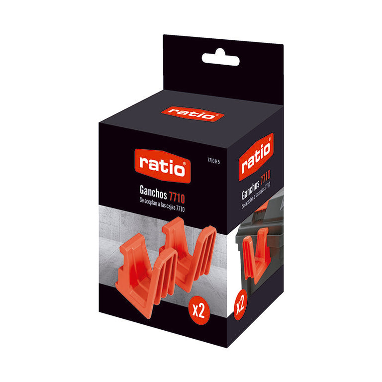 Embalaje original del juego de 2 ganchos RATIO 7710H5 para taller móvil modular