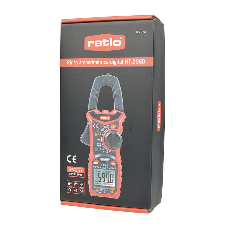 Pinza amperimétrica digital RATIO HT-206D roja y negra con pantalla LCD y selector giratorio de funciones