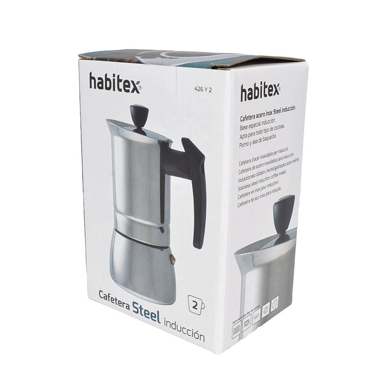 Embalaje original de cafetera HABITEX Steel Induction indicando aptitud para todo tipo de cocinas