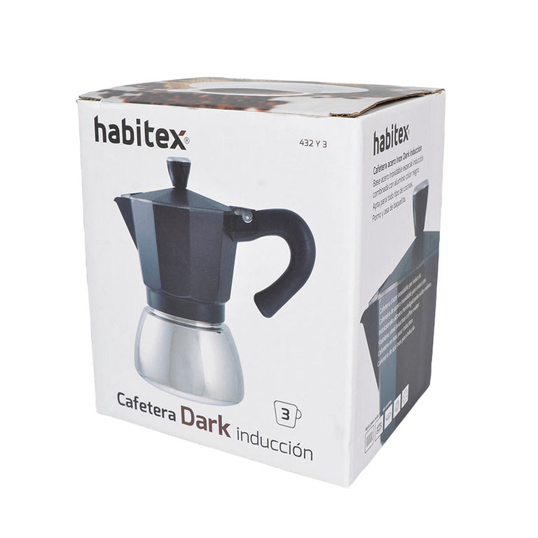Caja de embalaje de cafetera HABITEX Dark inducción con especificaciones técnicas de materiales