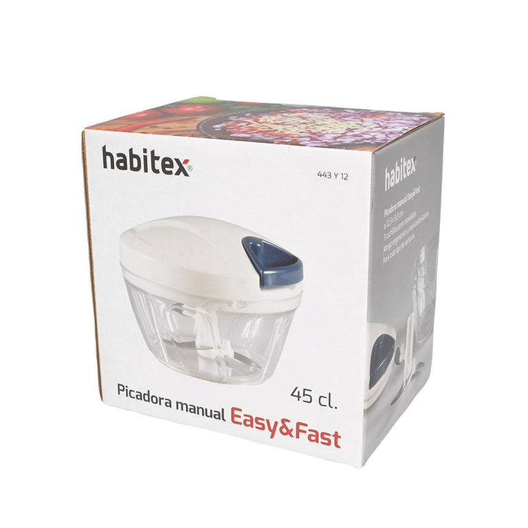 Caja de presentación de la picadora manual HABITEX Easy y Fast de 45 cl con detalles de características.