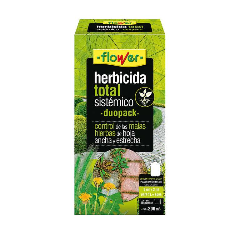 Caja de Herbicida Total Sistémico FLOWER Duo Pack para control de malas hierbas de hoja ancha y estrecha con dosificador