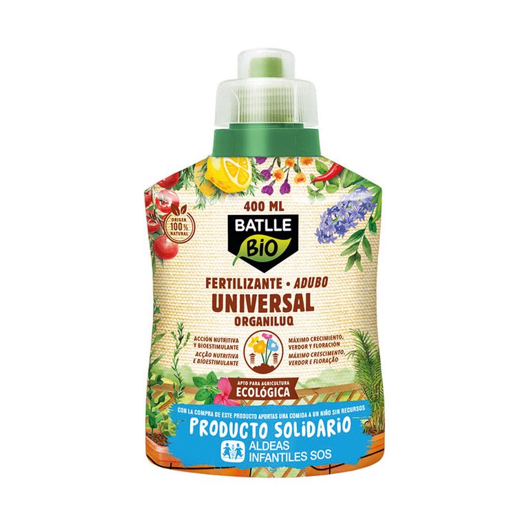 Envase de 400ml de Fertilizante Universal BATLLE BIO 100% natural para agricultura ecológica y biostimulante.