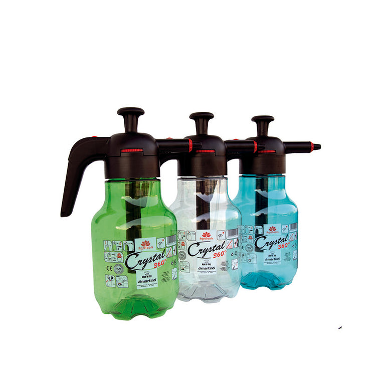 Tres pulverizadores manuales Di Martino Crystal 360 grados de 2 litros en colores verde, transparente y azul