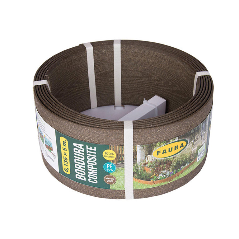 Rollo de bordura de composite marrón Faura de 13,5 cm x 5 m para delimitación de jardines.