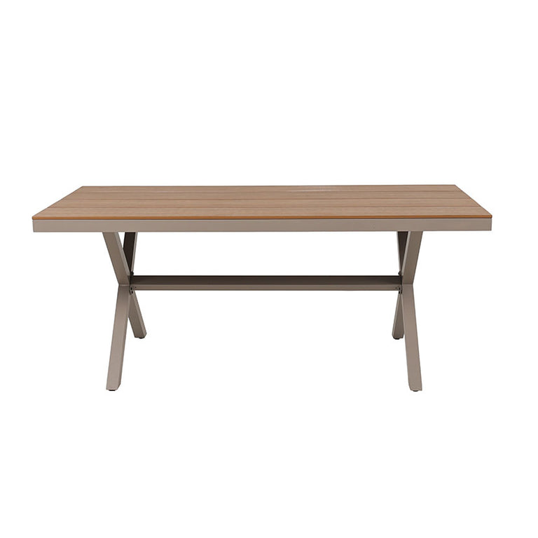 Mesa de exterior KMUS con estructura de aluminio gris y superficie de polimadera color madera natural.