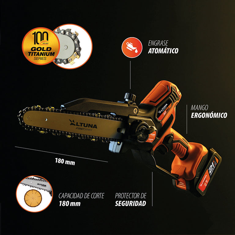 Infografía de motosierra Altuna AF180 destacando cadena de titanio, engrase automático y corte de 180mm.