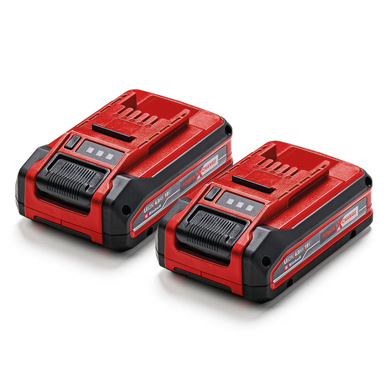 Pack de dos baterías Einhell 18V 4Ah Power X-Change Plus en color rojo y negro.