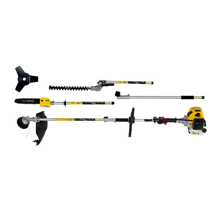 Multiherramienta de gasolina Garland Tasker 710 GV25 con accesorios de desbrozadora, cortasetos y podadora de altura.