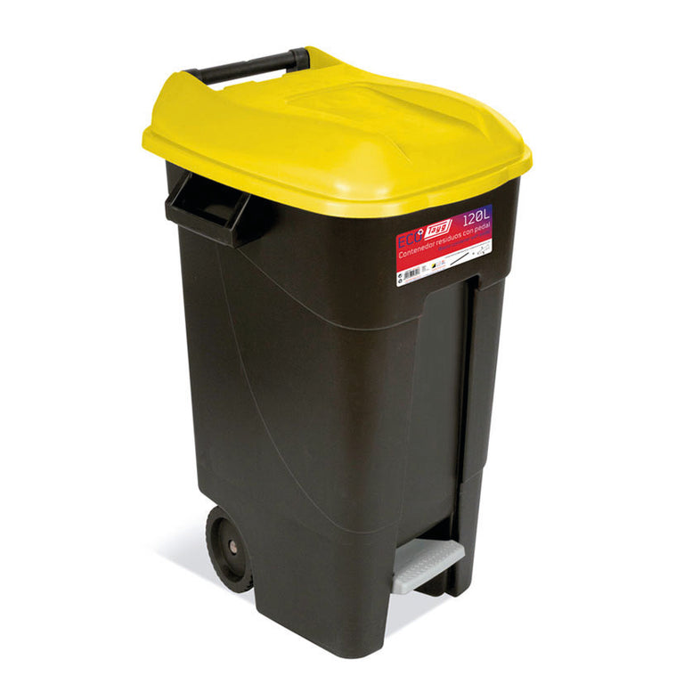 Contenedor de residuos Tayg Eco 120L con tapa amarilla, pedal y ruedas para reciclaje de envases.