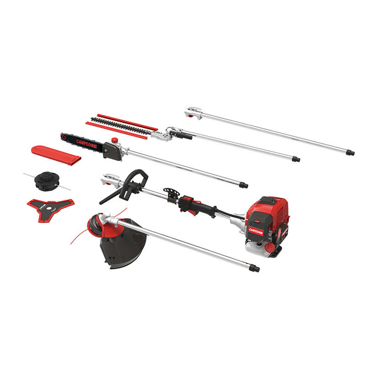 Multiherramienta gasolina Campeon TX-MT5080 con accesorios de desbrozadora, cortasetos, podadora y barra de extensión.