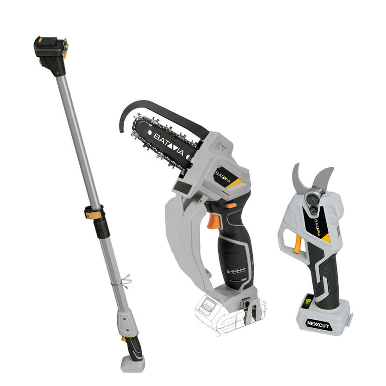 Kit de poda Batavia con minimotosierra NexxSaw, tijera de poda MaxxPack y pértiga telescópica de 1.25 metros.