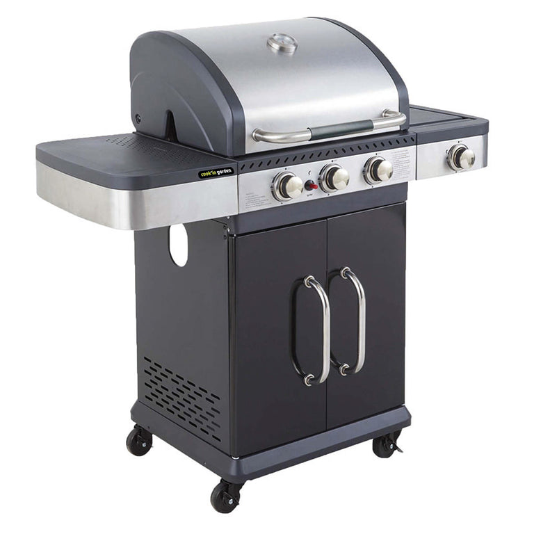 Barbacoa de gas Cook'in Garden Fidgi 3 de acero inoxidable con tapa y termómetro.