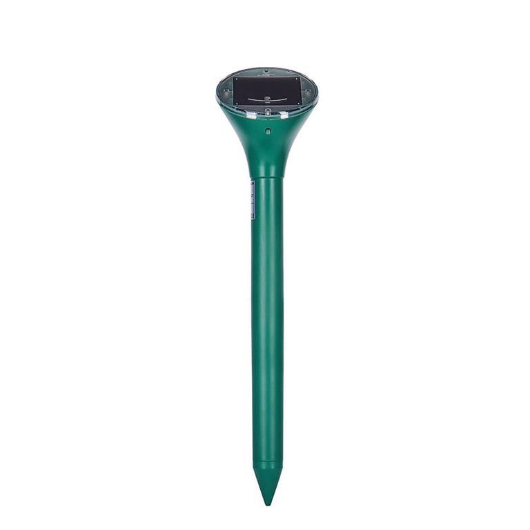 Ahuyentador solar de topos Swissinno verde con estaca para enterrar en jardín.