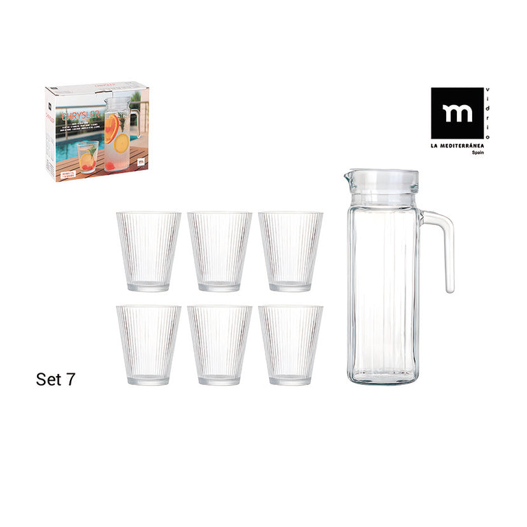 Set de jarra de 1L y 6 vasos de vidrio Chrysler de La Mediterránea con caja de presentación.