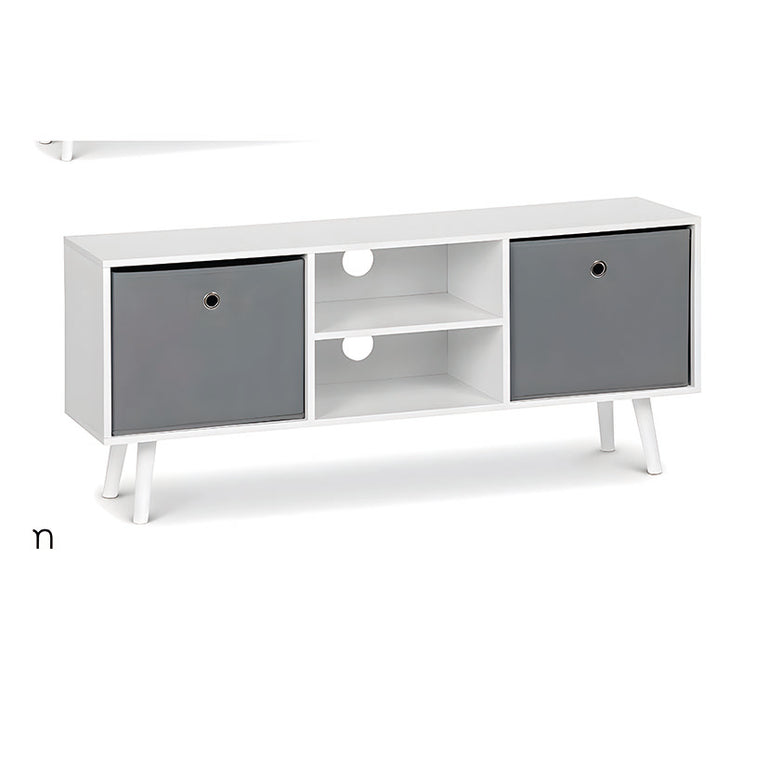 Mueble bajo para TV blanco con 2 cajones grises y estantes centrales con pasacables.
