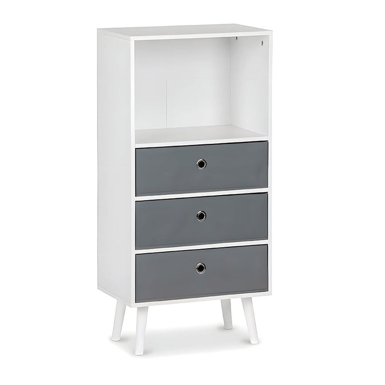 Estantería vertical blanca 4 niveles con 3 cajones grises y patas cónicas de madera.