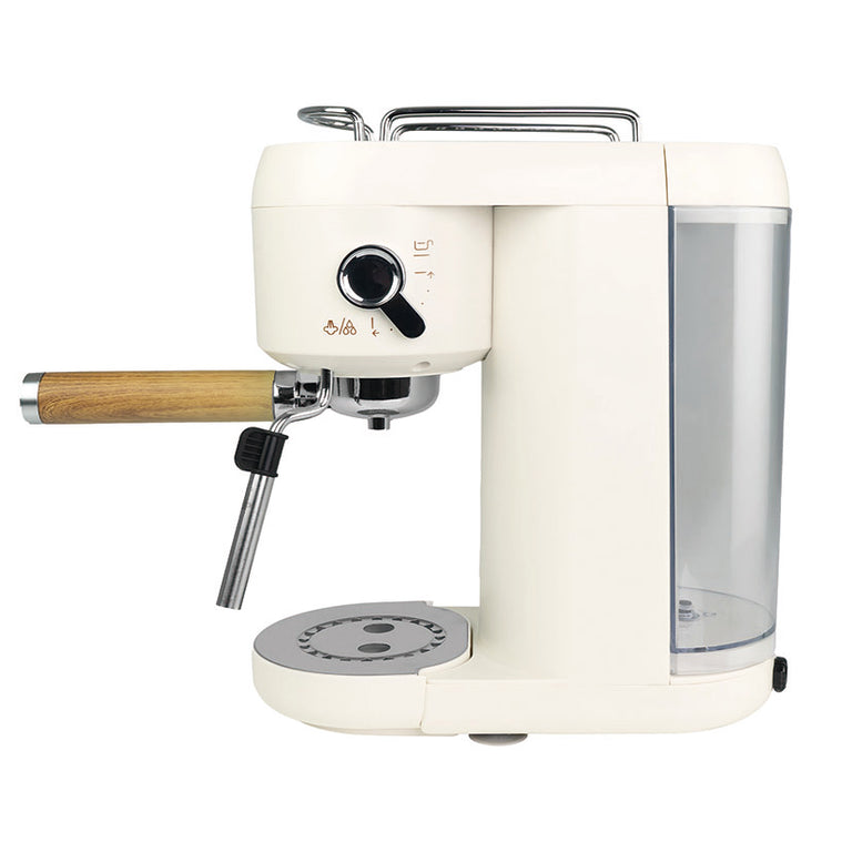 Cafetera espresso JOCCA Nature 2781 color crema con acabados en madera y depósito de agua transparente lateral.