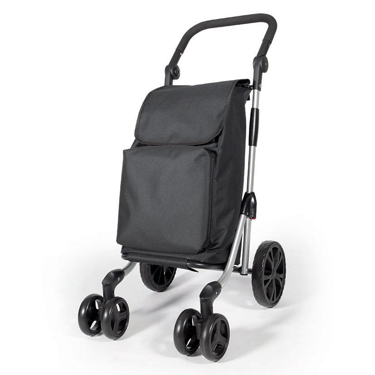 Carro de compra HABITEX AL-001 negro con chasis de aluminio, manillar regulable y sistema de 6 ruedas giratorias.