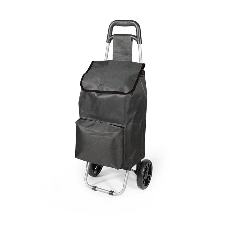 Carro de compra plegable HABITEX AC-008 en color negro con chasis de acero y bolsillo térmico frontal.
