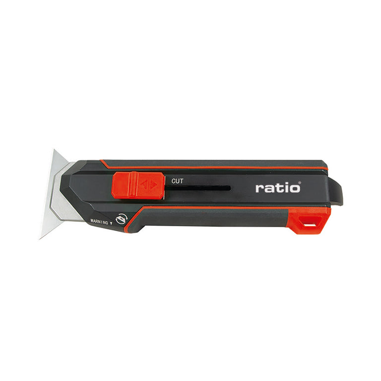 Cúter rascador profesional RATIO 2 en 1 con mango ergonómico antideslizante y hoja trapezoidal extendida.