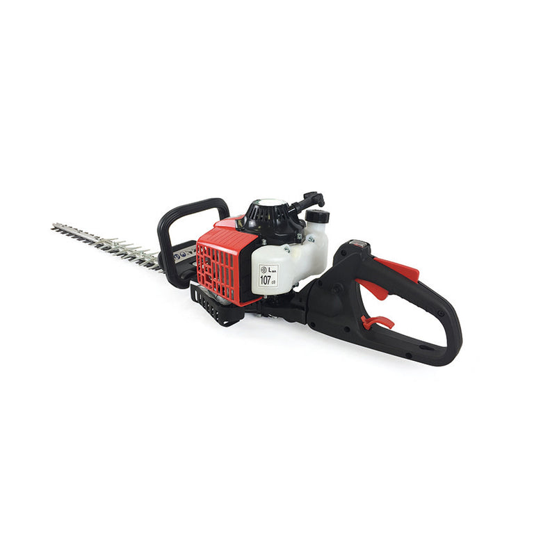 Cortasetos de gasolina Kuril KHT600 con motor de 25.4cc, hoja de doble corte de 600mm y empuñadura ergonómica roja y negra.