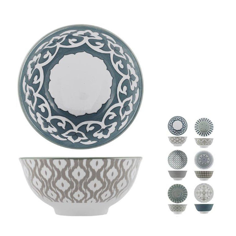 Bol de porcelana Nora con diseño geométrico gris y patrón interior azul floral