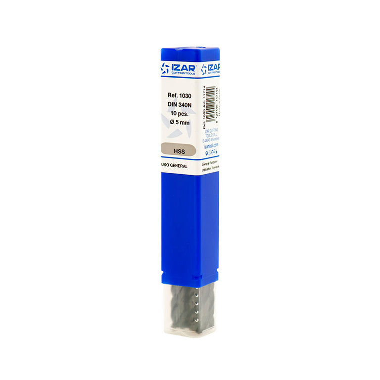 Estuche de 10 brocas IZAR 1030 DIN 340N de 5mm para uso general en metal.