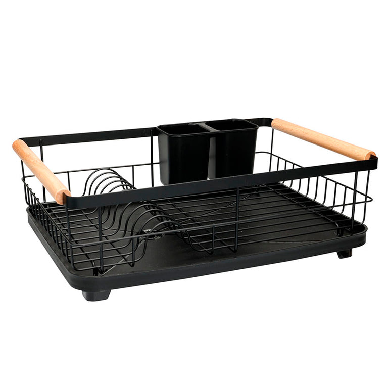Escurreplatos de metal negro con asas de madera, bandeja de goteo y cubertero doble extraíble