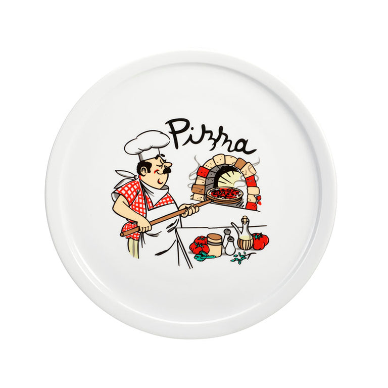 Plato de porcelana blanco de 30cm para pizza con ilustración de chef italiano y horno de leña tradicional.