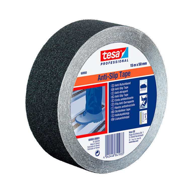Cinta adhesiva antideslizante TESA Professional negra vista lateral mostrando textura rugosa y adhesivo.