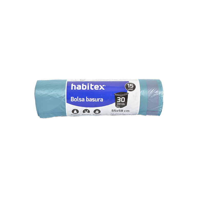 Rollo de 15 bolsas de basura HABITEX 30 litros color azul con sistema de autocierre y tecnología antigoteo