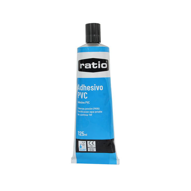 Tubo de adhesivo para PVC rígido RATIO de 125 ml para uniones rápidas de fontanería.