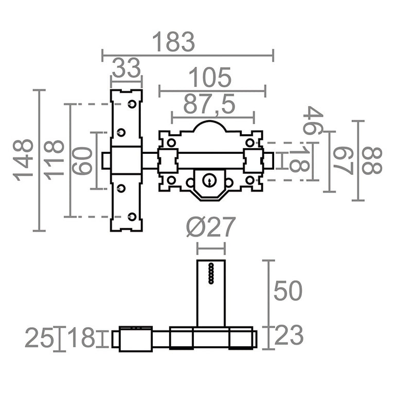 Esquema técnico con cotas y dimensiones detalladas del cerrojo de sobreponer MICEL CRR07.
