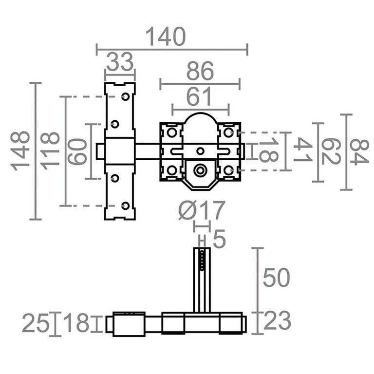 Esquema técnico con dimensiones detalladas del cerrojo MICEL CRR08 de 140x148mm y cilindro de 50mm.