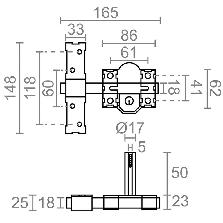 Plano técnico con medidas del cerrojo MICEL CRR09 mostrando dimensiones de 165mm de ancho y 148mm de alto.
