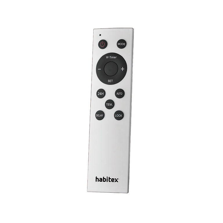 Mando a distancia para calefactor Habitex blanco con botones de programación y temperatura
