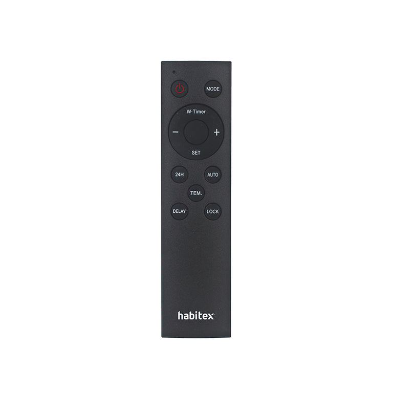 Control remoto negro para calefactor split Habitex con funciones de temporizador y bloqueo