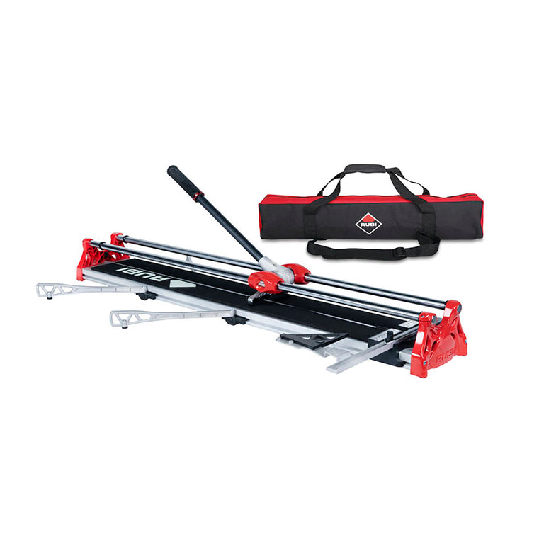 Cortadora manual Rubi HIT-1000 N con bolsa de transporte y soportes laterales para baldosas de gran formato.