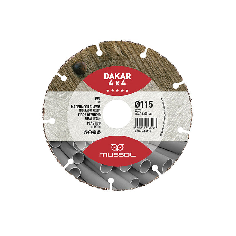 Disco de diamante multiusos Mussol Dakar 115mm para madera con clavos, PVC y fibra de vidrio