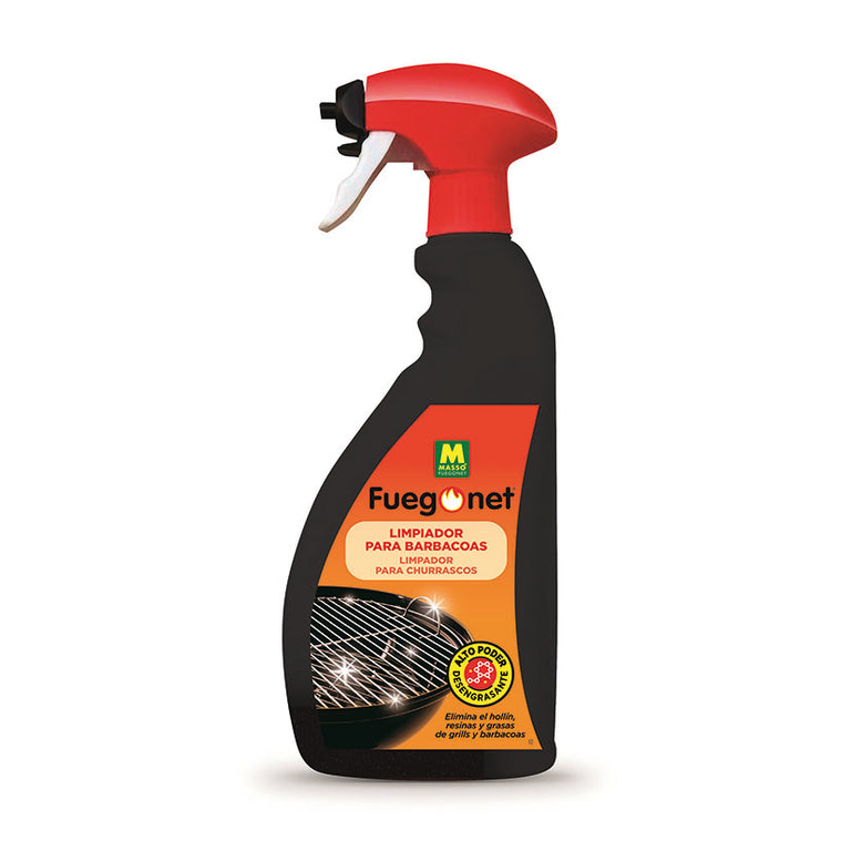 Spray limpiador de barbacoas Massó Fuegonet 750ml con pulverizador rojo y etiqueta naranja de alto poder desengrasante
