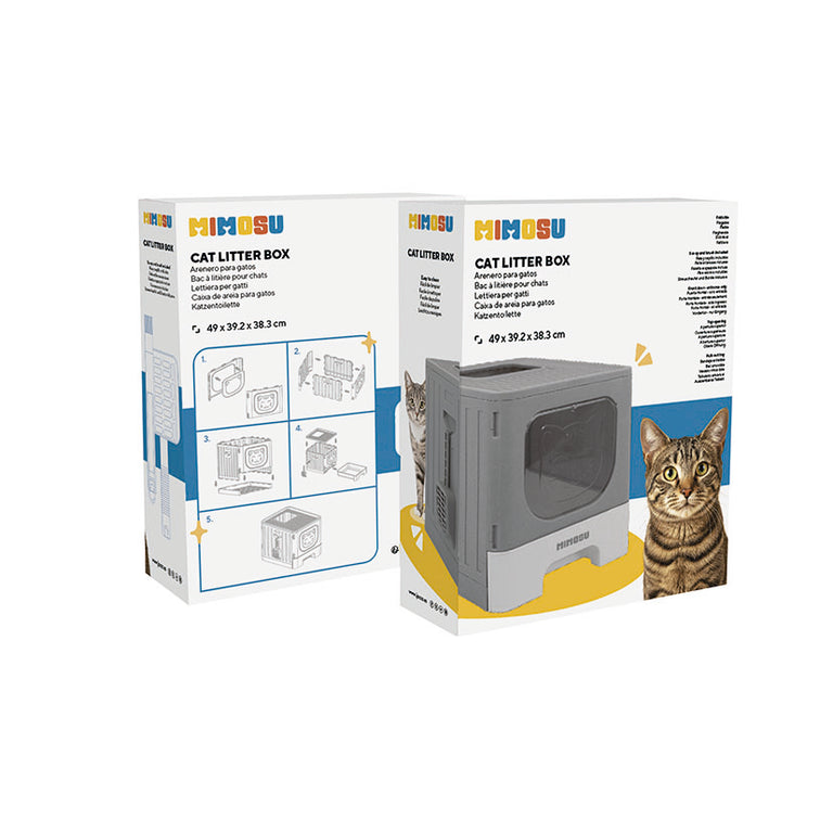 Embalaje original del arenero para gatos plegable JOCCA con instrucciones de montaje