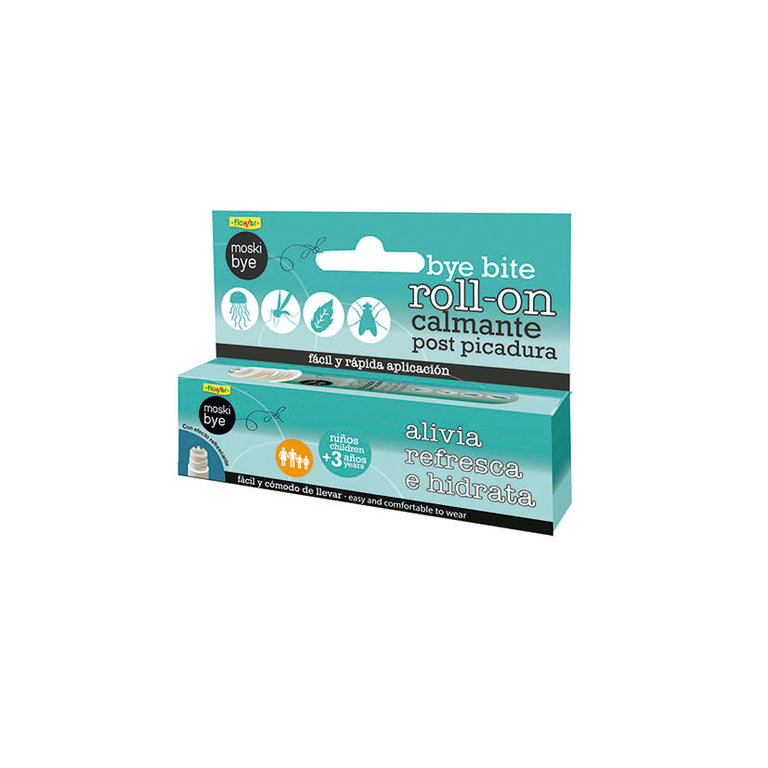 Caja de Roll-on calmante post picadura Flower Moski Bye para alivio de picaduras de insectos y medusas.