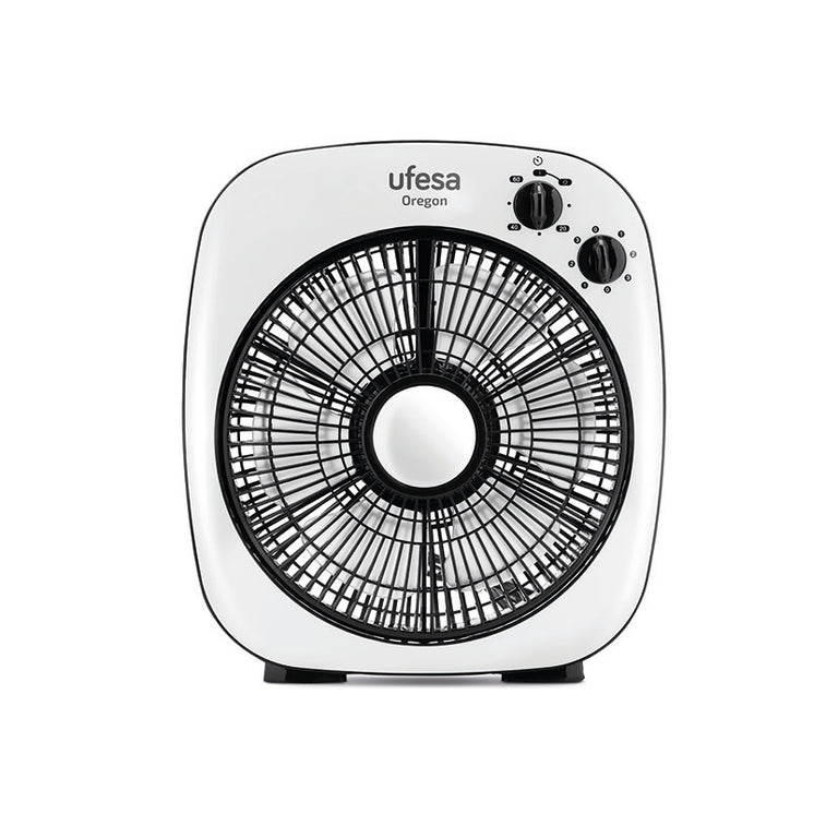 Vista frontal del ventilador Ufesa Oregon de 25 cm mostrando el selector de velocidades y el temporizador.