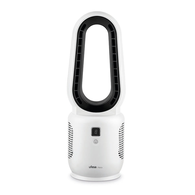 Vista frontal del ventilador Ufesa Nara sin aspas diseño moderno y compacto para escritorio