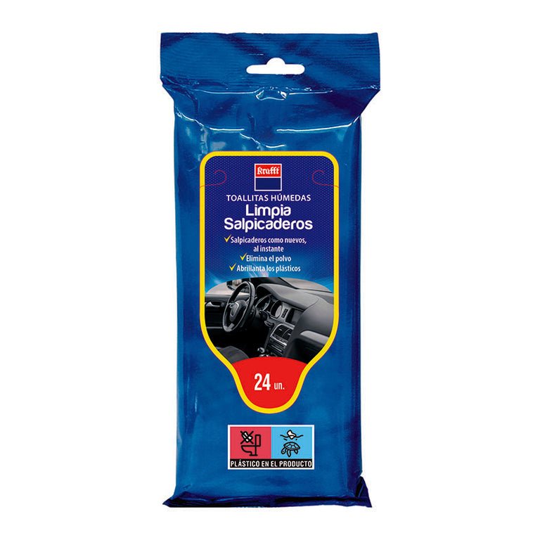 Envase azul de 24 toallitas húmedas Krafft para limpieza, protección y abrillantado de salpicaderos de coche.