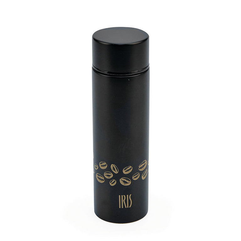Termo mini IRIS 140ml negro con diseño de granos de café y tapón de rosca